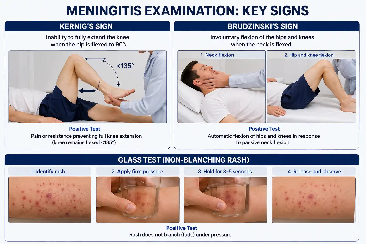 Diagram showing Kernig's and Brudzinski's signs with the glass test for non-blanching rash' fully realistic and accurate