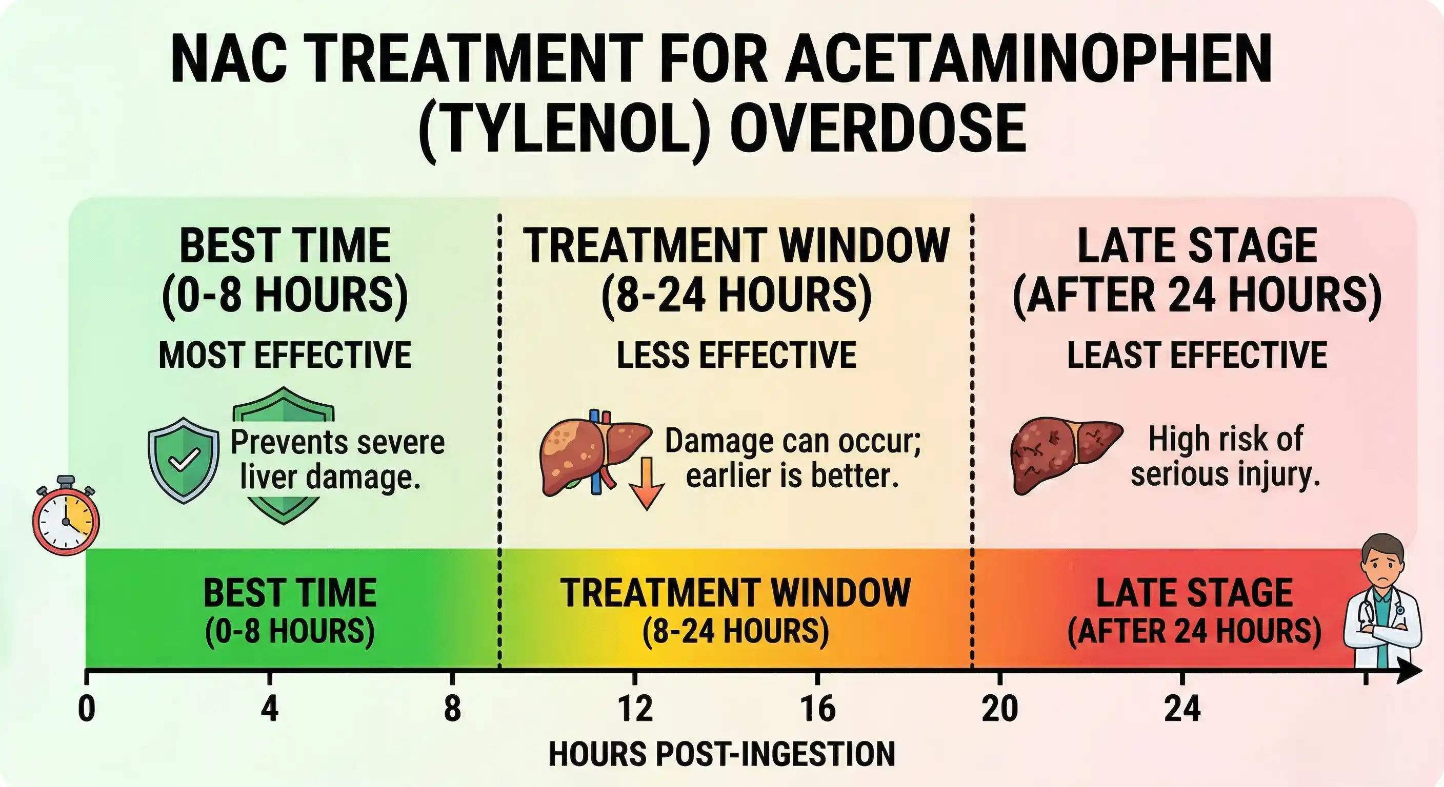 Simple timeline graphic showing the 8-hour NAC efficacy window and declining benefit after 8 and 24 hours