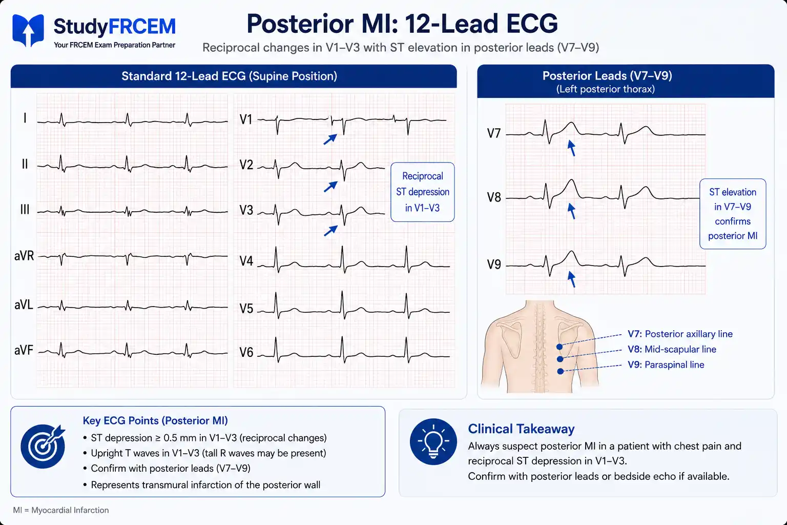 Standard 12-lead showing posterior MI reciprocal changes in V1-V3, alongside V7-V9 posterior leads showing ST elevation
