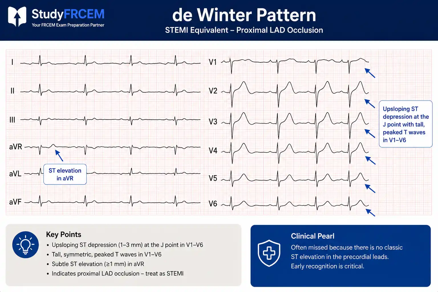 Annotated ECG showing de Winter pattern upsloping ST depression with tall peaked T waves in V1-V6 and subtle aVR elevation