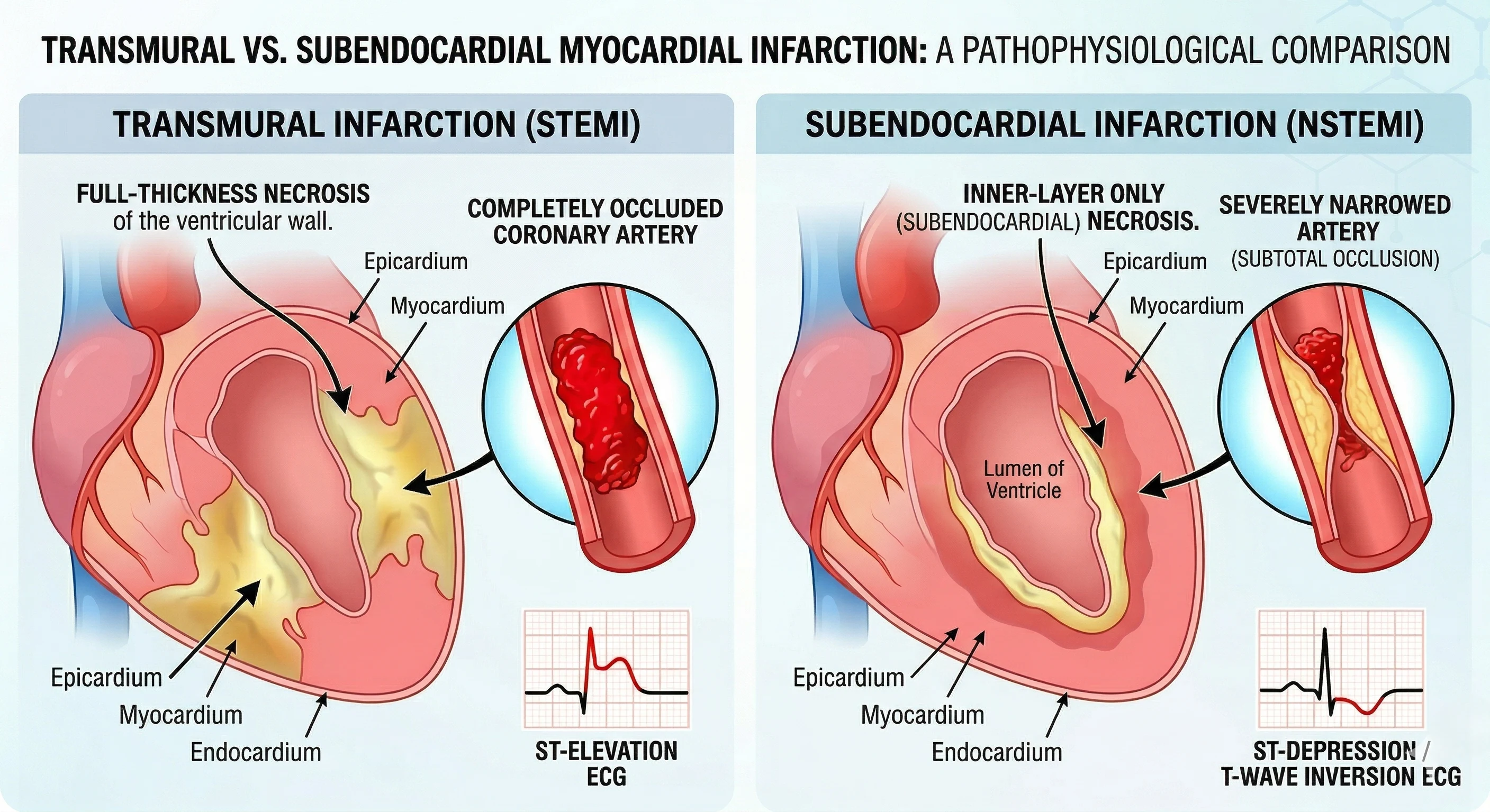 transmural vs subendocardial infarction with coronary artery occlusion patterns